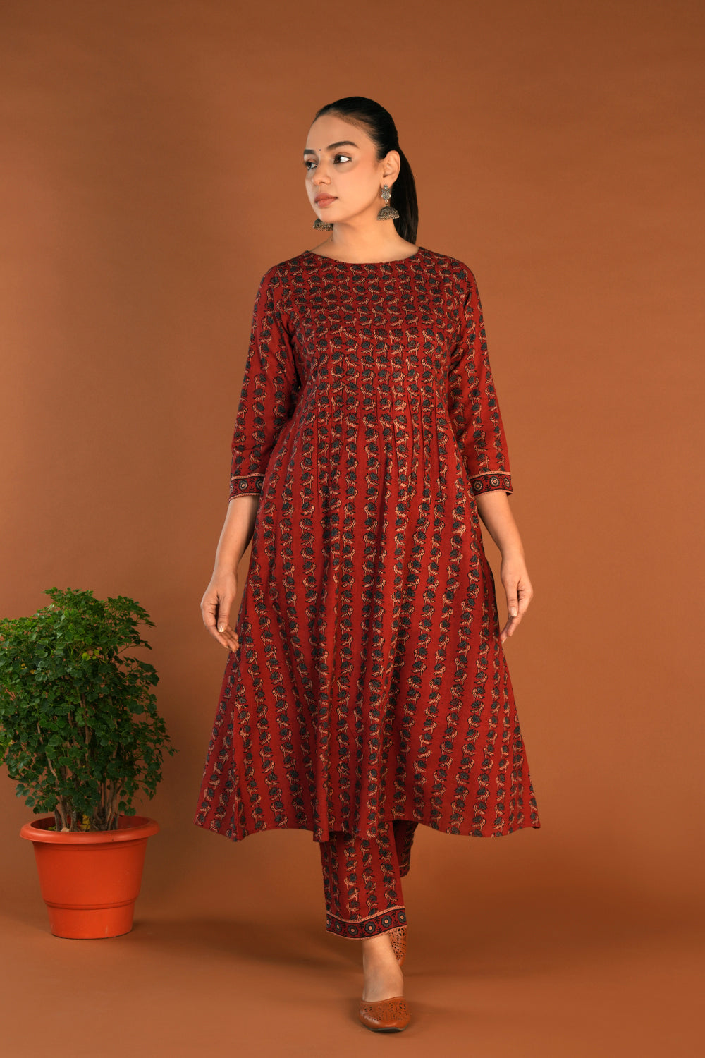Image of Maroon Ajrak Handblock printed kurti sets.